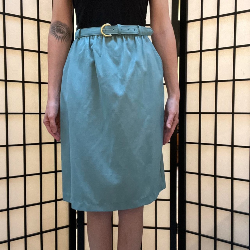 Blue Midi Skirt with Gold Buckle Belt and Pockets, Vintage Late 80s Officewear‎